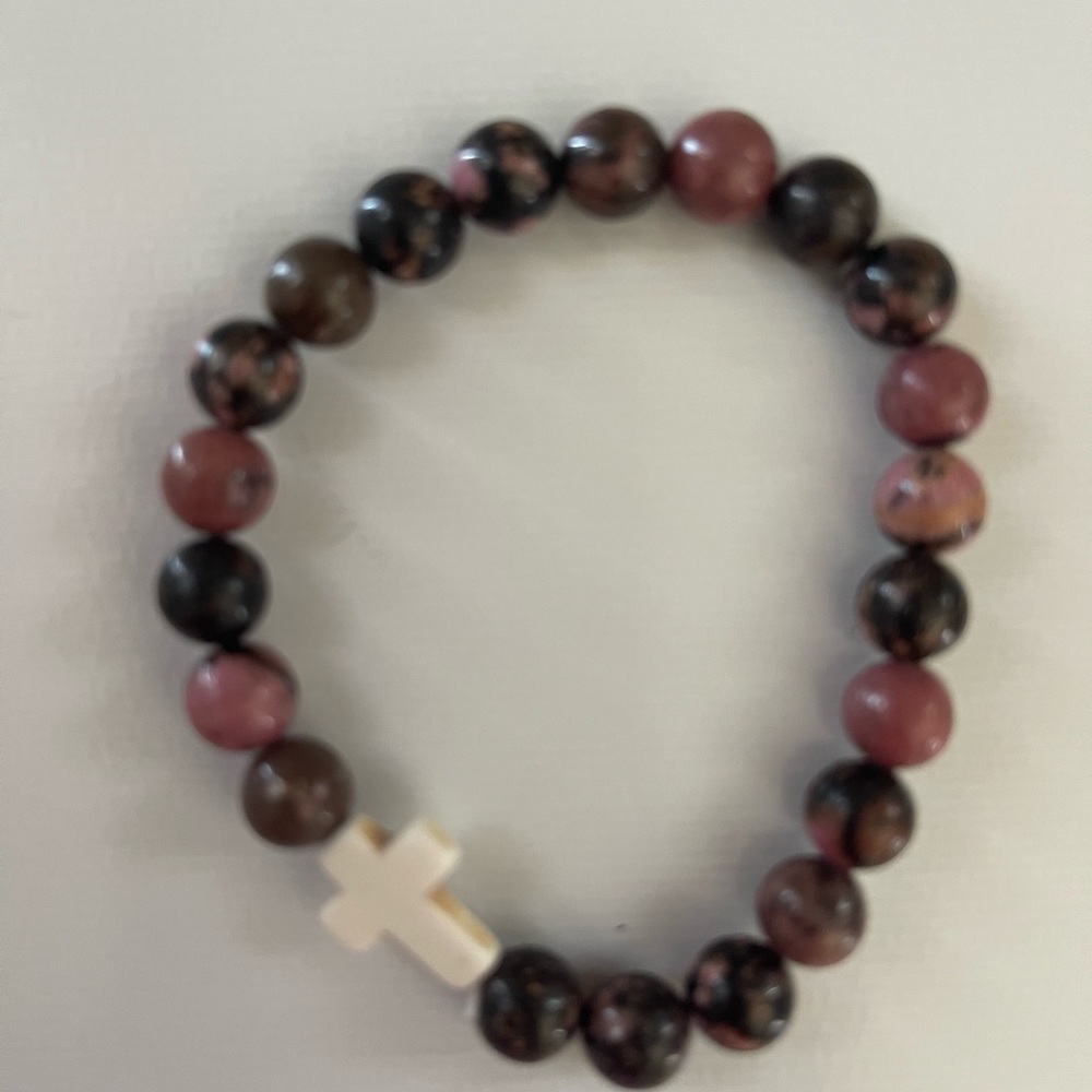 Pink and Brown Beaded Bracelet with White Cross